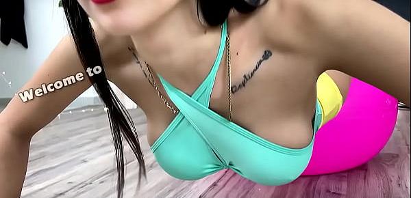 Perfect Brunette Teen Big Tits Puffy Cameltoe Working Out with a Fitball